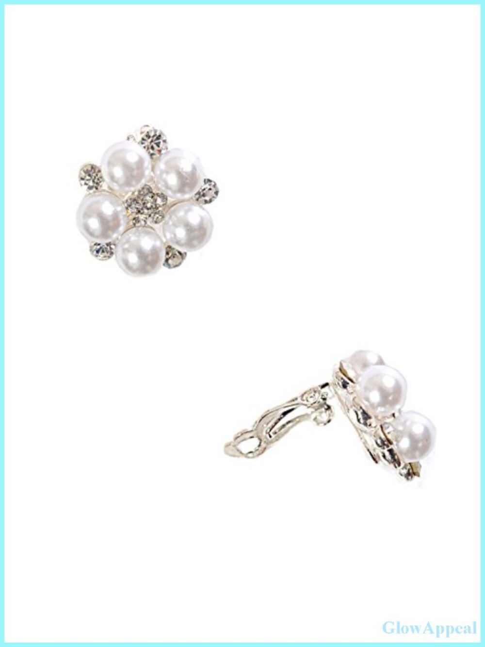 Silver Crystal Pearl Flower Shape Clip Earrings Women Rhinestone